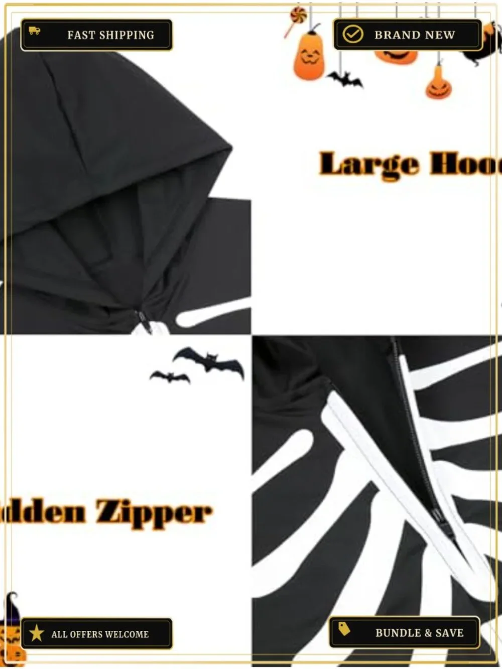 Glow in the Dark Skeleton Halloween Jumpsuit Costume for Kids Zip Up Hooded